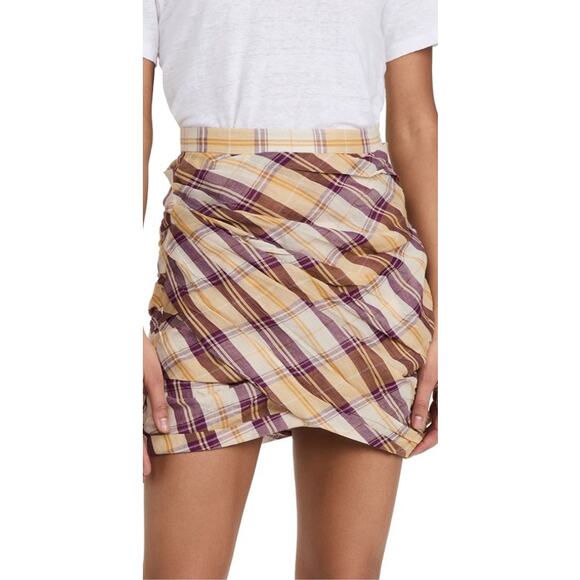 Isabel Marant Etoile Birdy Honey Yellow Plaid Ruched Mini Skirt Size 6 - Picture 1 of 14